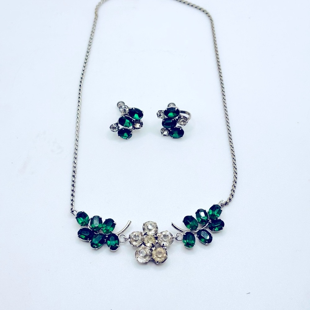 Vintage Green and Silver Rhinestone Necklace and Earring Set Circa 1950/1960